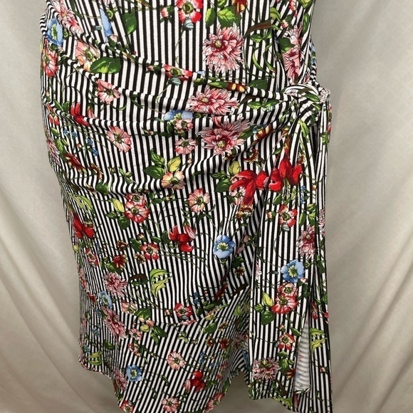 Eci NEW YORK BLACK WHITE STRIPE FLORAL PATTERN FAUX WRAP FLOUNCE SLEEVE DRESS XL - Picture 4 of 10